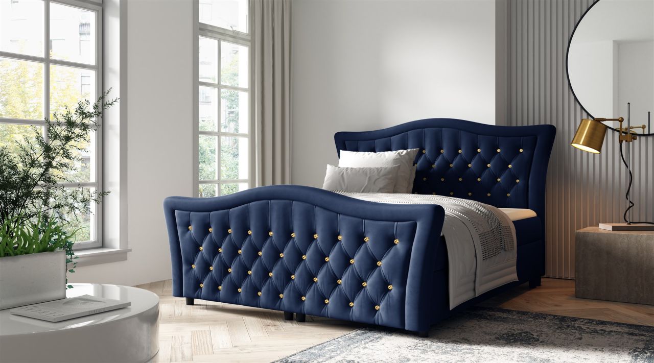 Boxspringbett Schlafzimmerbett TURHAN 140x200cm Stoff Elisa Velvet Dunkelblau