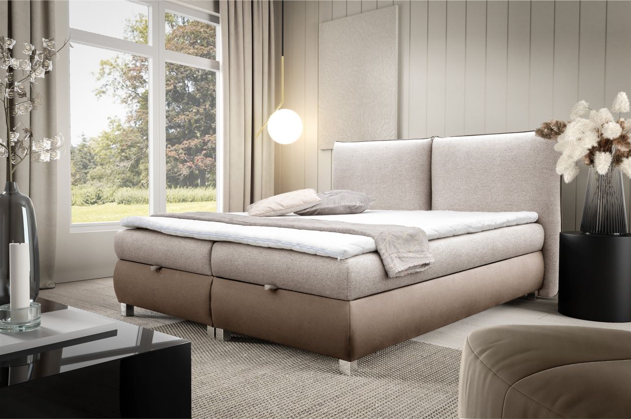 Boxspringbett Schlafzimmerbett VALENTIN 140x200cm Stoff Neve-Vega Hellbraun-D...