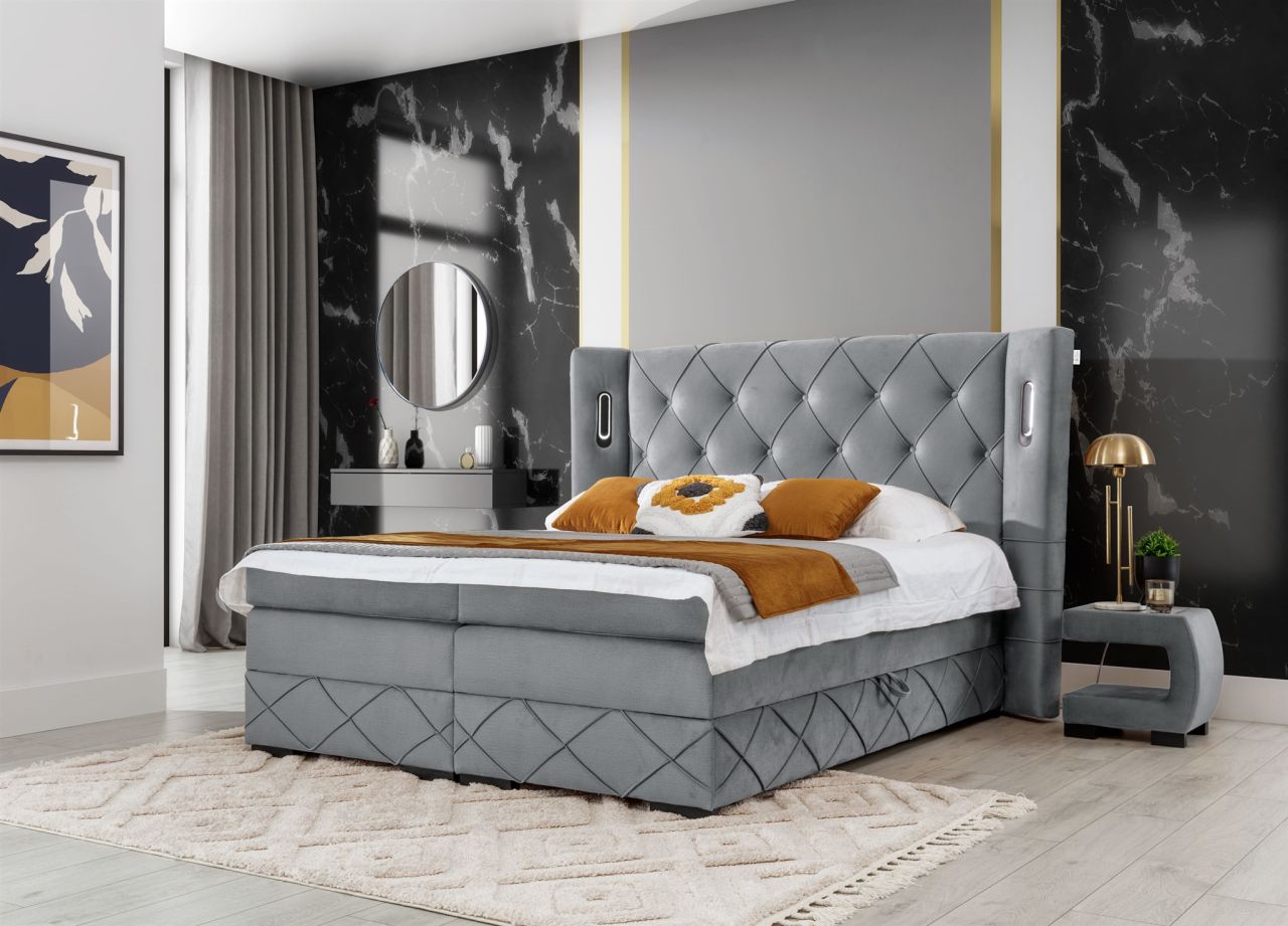 Boxspringbett Schlafzimmerbett ELVIANO 140x200cm Stoff Hellgrau inkl. Ambient...