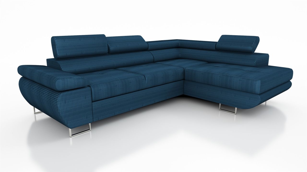 Couchgarnitur ELON Stoff Blau mit Schlaffunktion Ottomane Rechts