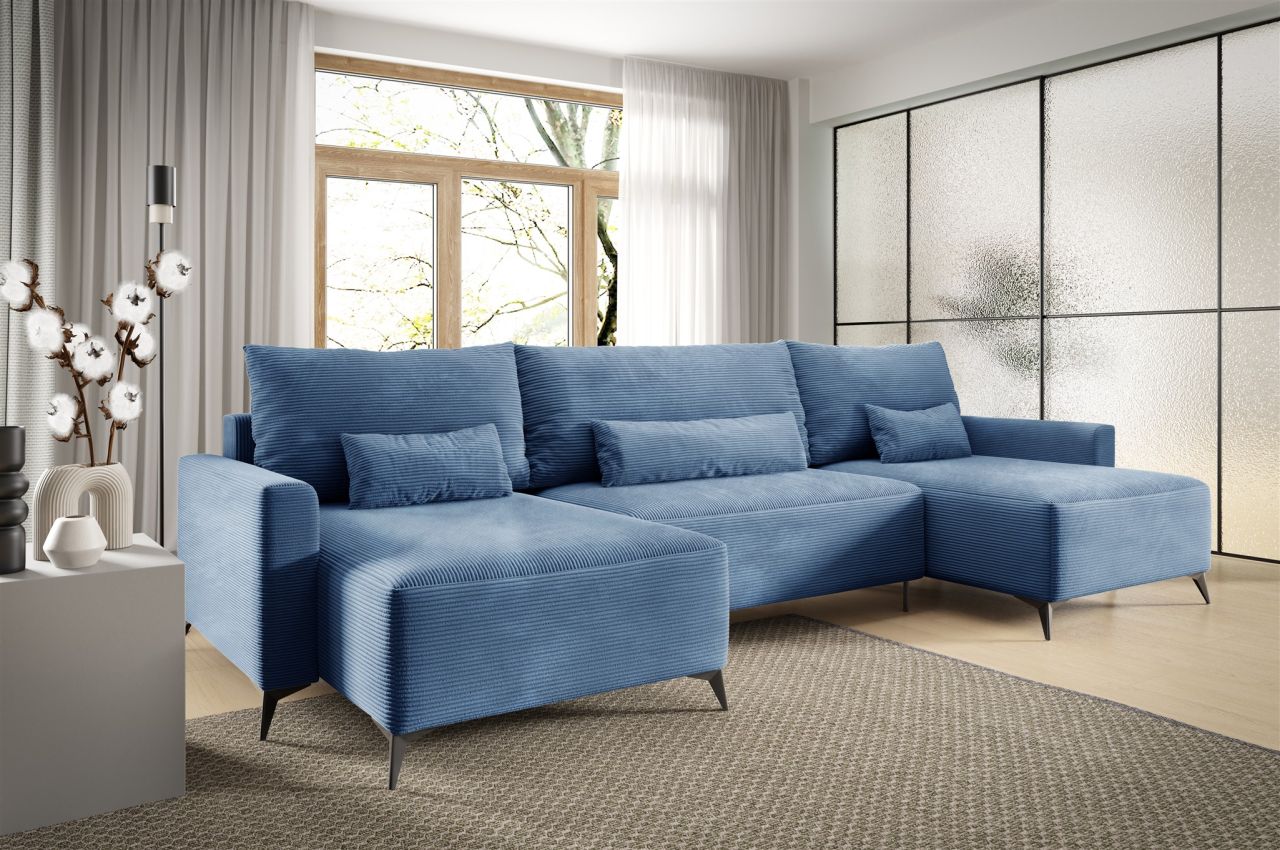 Wohnlandschaft mit Schlaffunktion SILVES Sofa U-Form Stoff Poso Blau