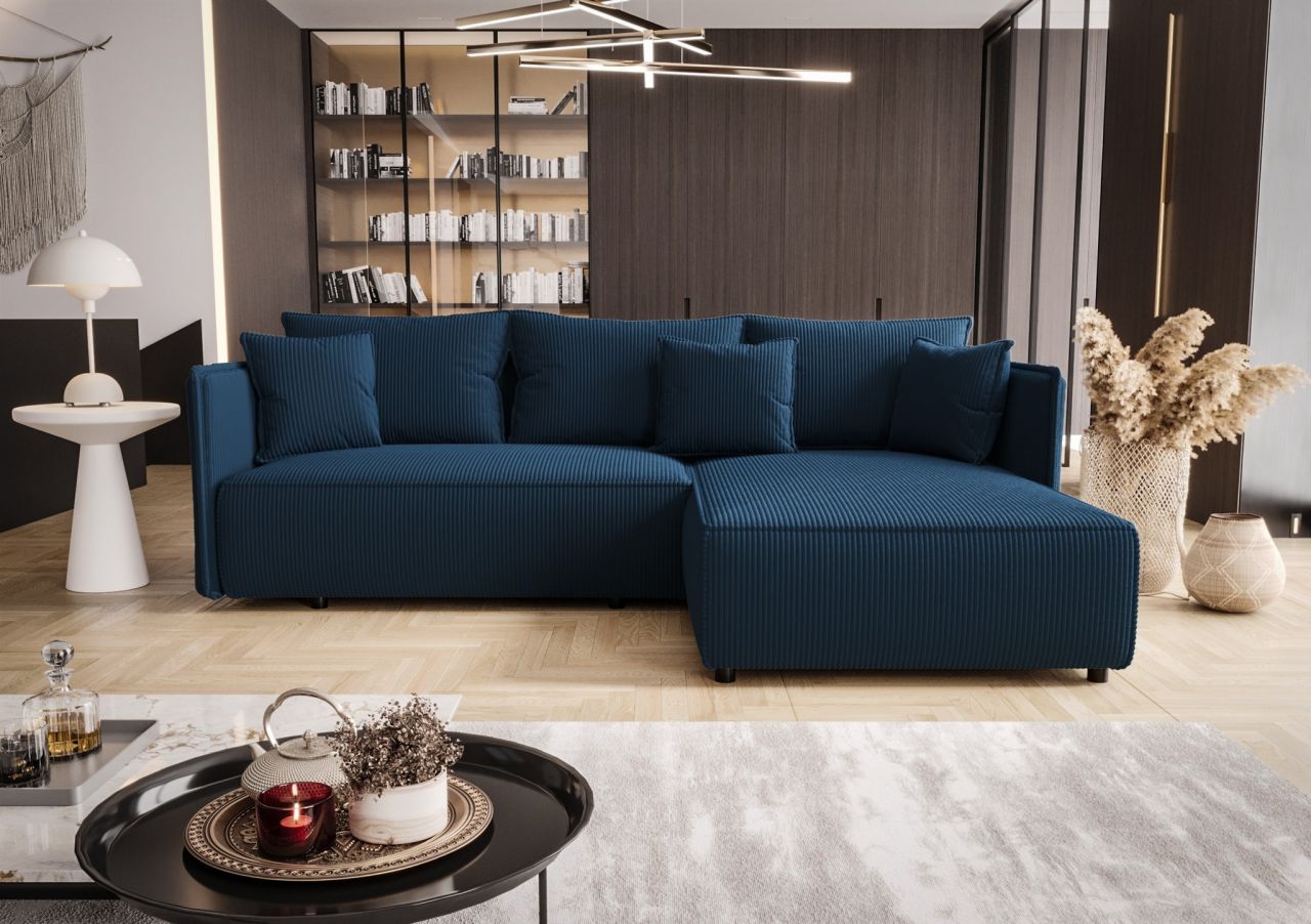 Ecksofa Schlafsofa EVORA Stoff Poso Blau Ottomane Rechts