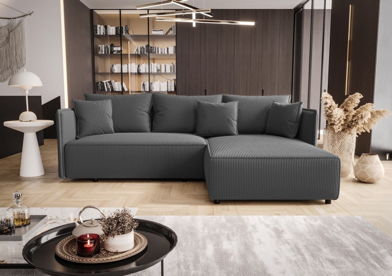 Ecksofa Schlafsofa EVORA Stoff Poso Grau Ottomane Rechts