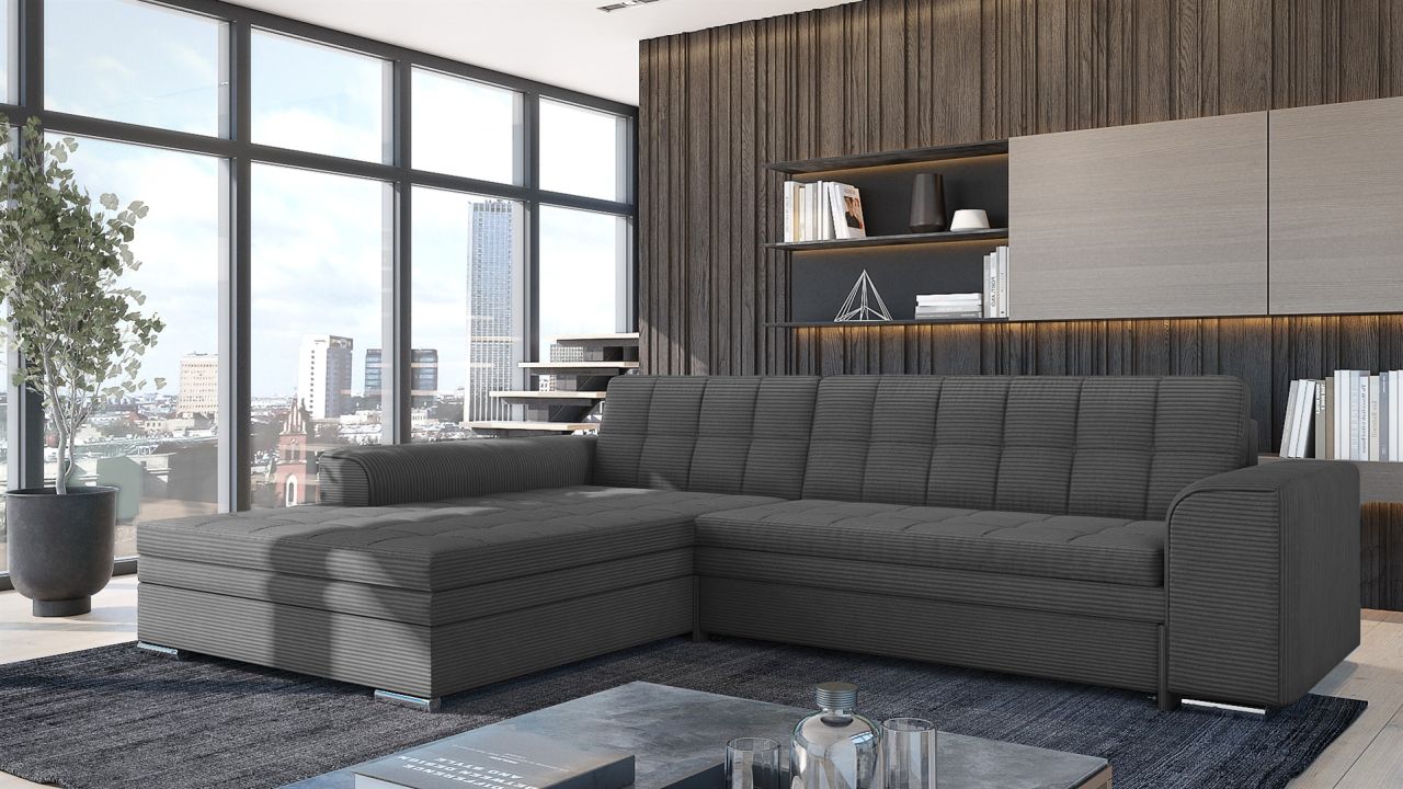Ecksofa Sofa SARRA mit Schlaffunktion Stoff Lincoln Grafit Ottomane Links
