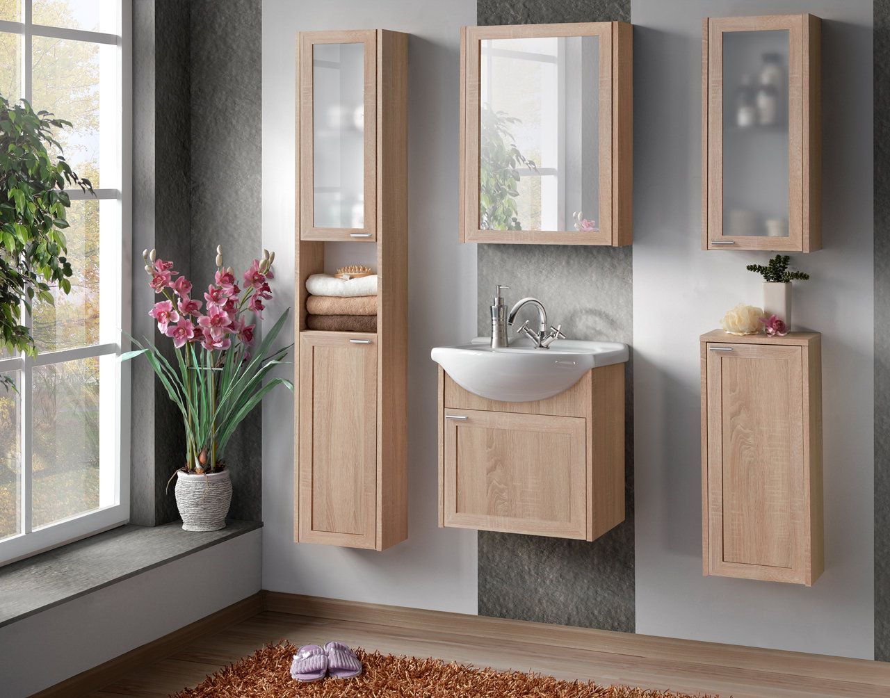 Badmöbel 5-tlg Badezimmerset PANTO Sonoma inkl.Waschtisch 50cm