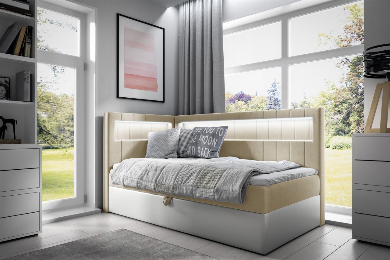 Boxspringbett Gästebett Kinderbett FABIAN Nr.3 90x200cm Weiss-Beige Seite Links