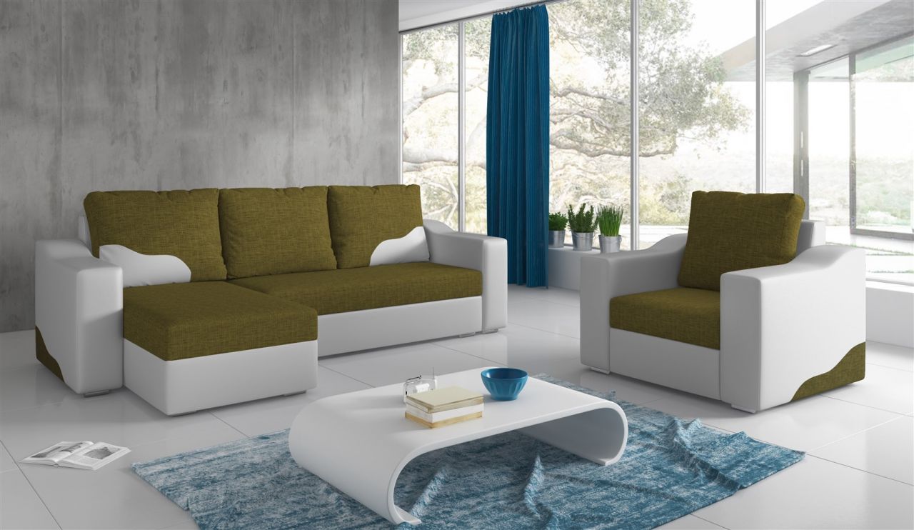 Ecksofa Set COLLIN Ottomane Links + Sessel Weiss / Olivgrün