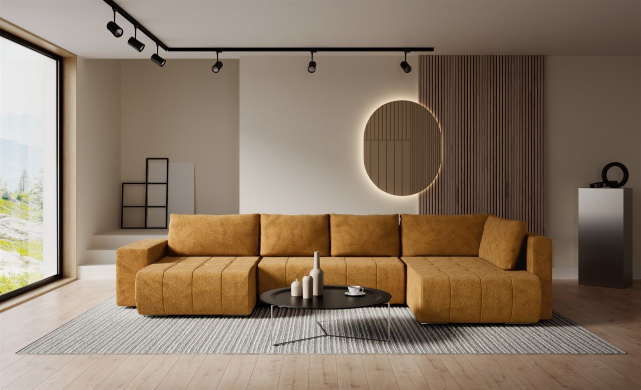 Wohnlandschaft Schlafsofa ARMANDA in Stoff Blur Honiggelb langer Schenkel Rechts