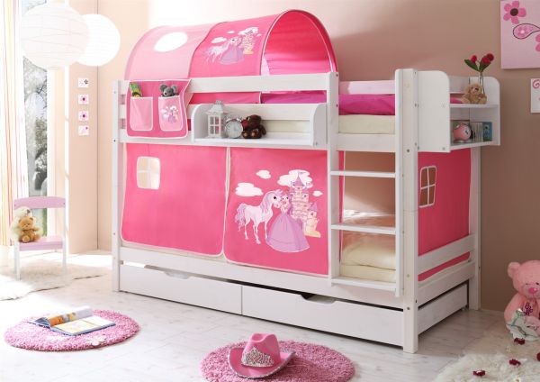 Systembett Hochbett KENIX Kiefer massiv Weiss inkl.Vorhang Horse Pink