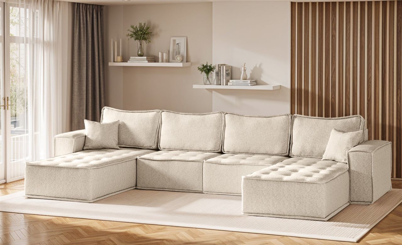 Wohnlandschaft Sofa U-Form Modulsofa-Set 4-teilig SANDE Stoff Raven Creme