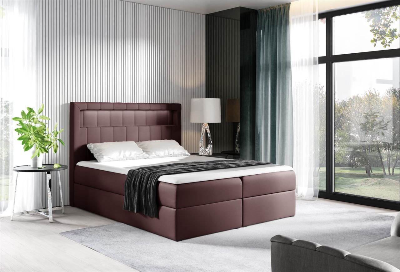 Boxspringbett Schlafzimmerbett STORM 180x200cm Kunstleder Weinrot inkl. LED