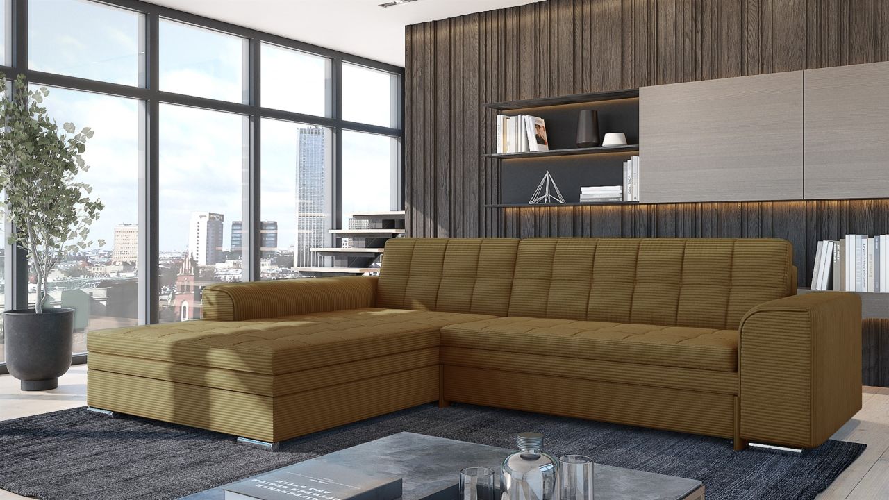 Ecksofa Sofa SARRA mit Schlaffunktion Stoff Lincoln Senfgelb Ottomane Links