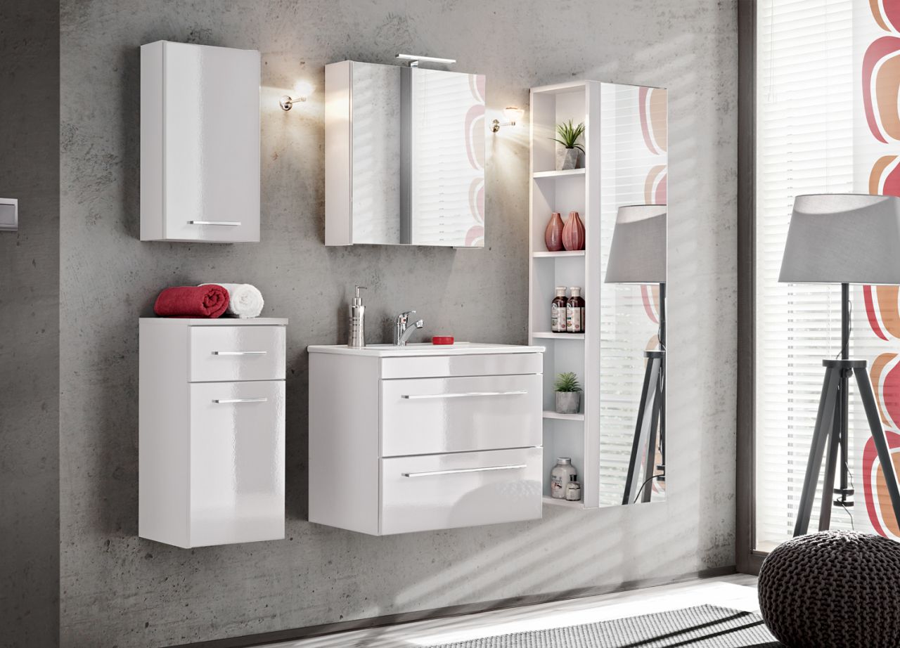Badmöbel 5-tlg Badezimmerset TOSCA Weiss HGL inkl.Waschtisch 60cm