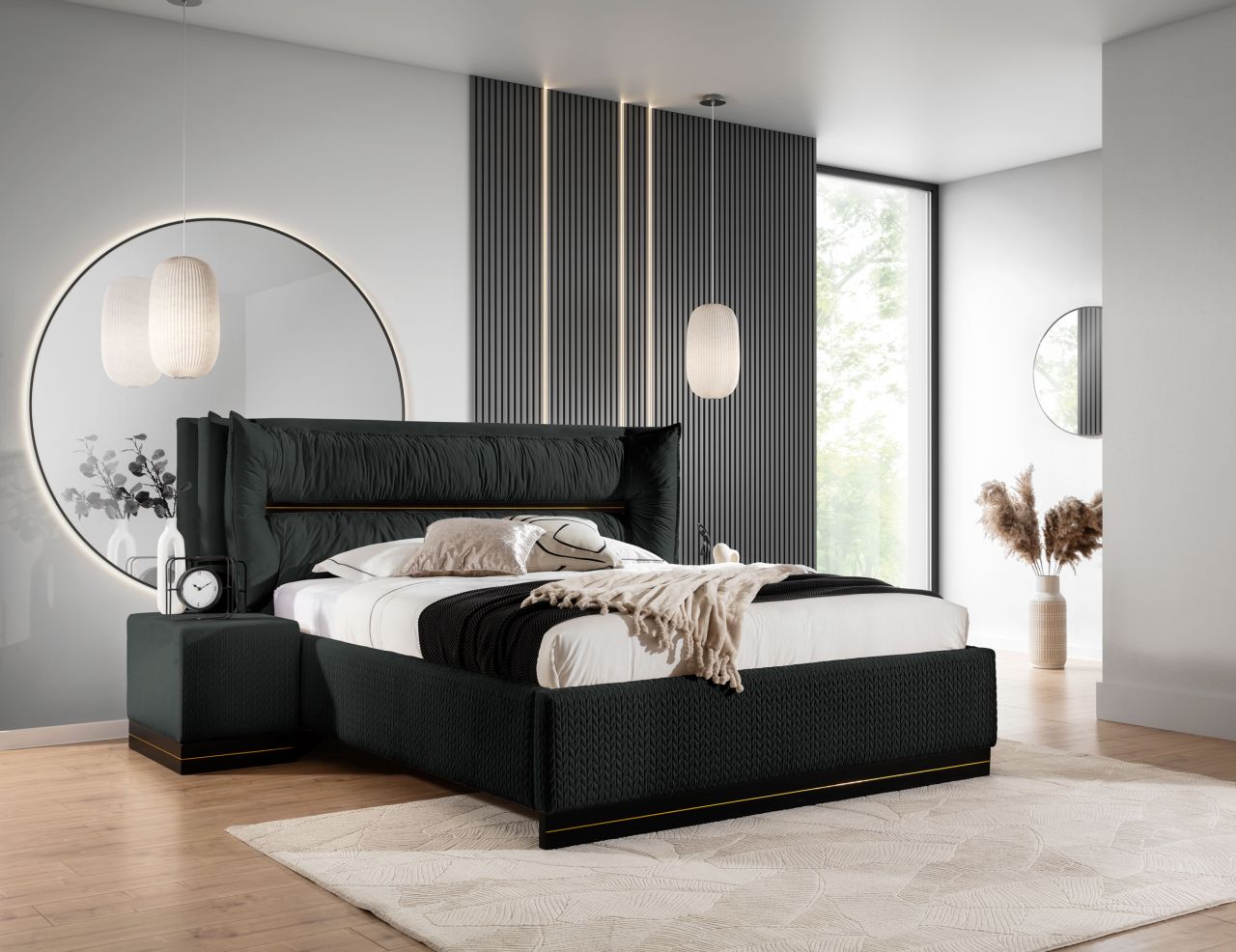Polsterbett Doppelbett Set.3 HAMILTON 140x200cm Stoff Magic Velvet Schwarz