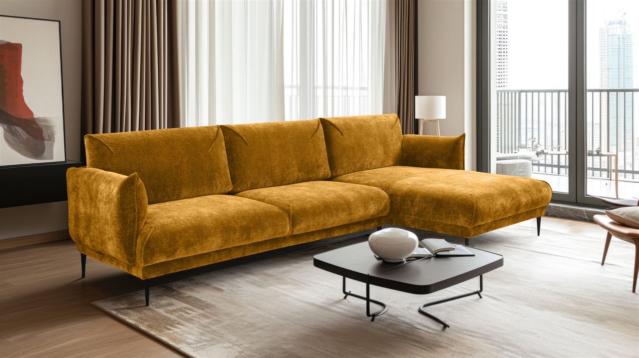 Ecksofa ersofa MADISON in Stoff Dress Me Senfgelb Ottomane Rechts