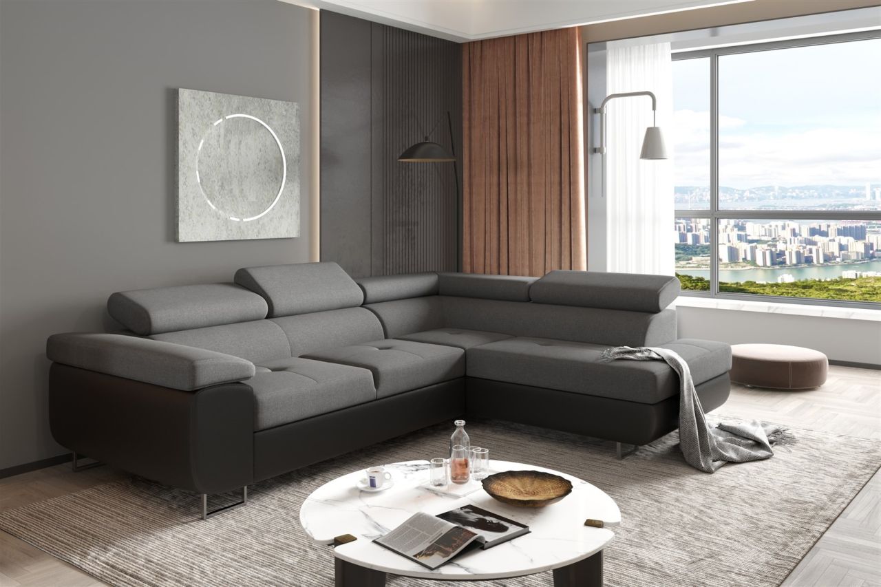 Couchgarnitur JADE Schwarz-Grau mit Schlaffunktion Ottomane Rechts