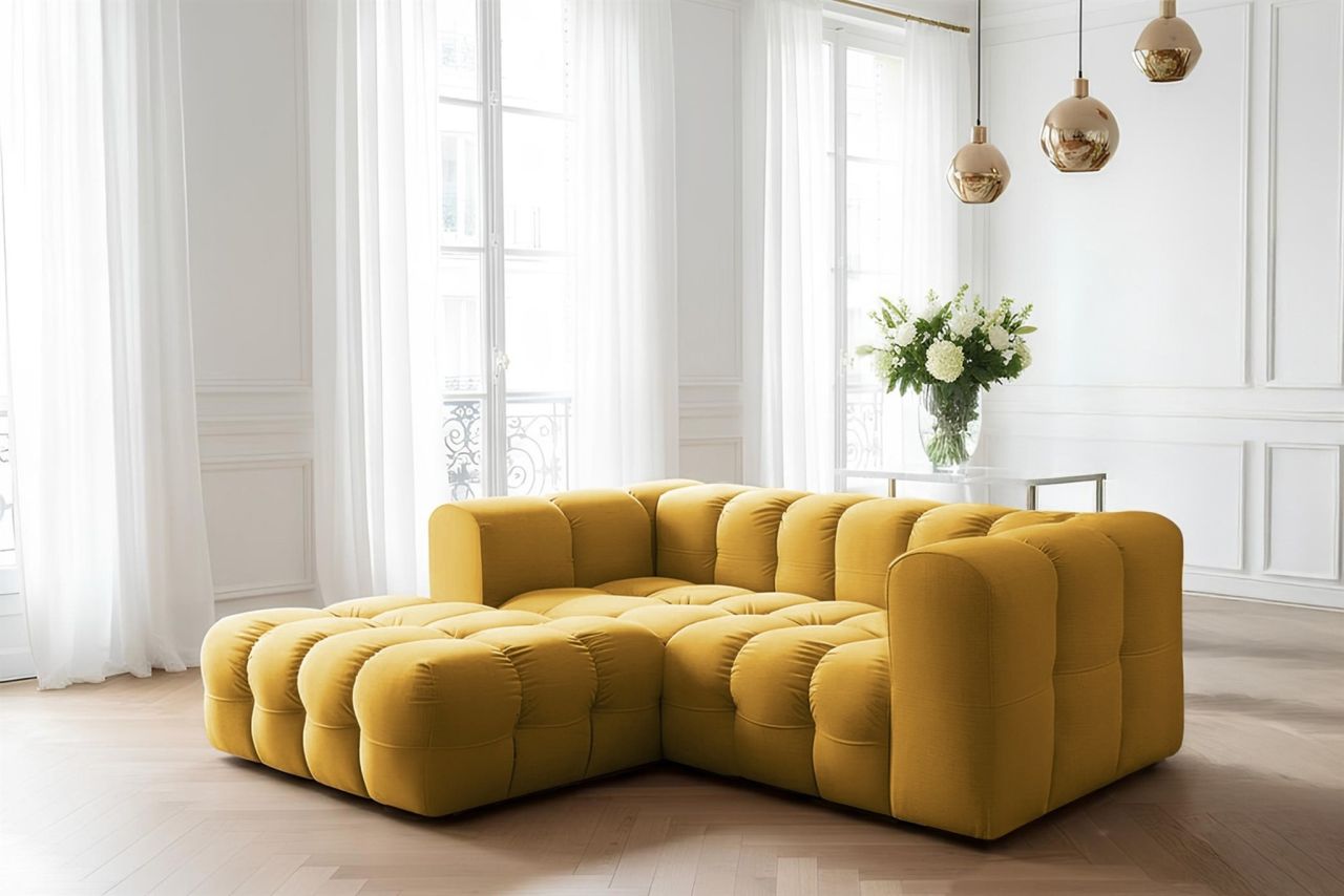 Ecksofa ersofa SOLVIE XS in Stoff Tiffani Honiggelb Ottomane Links