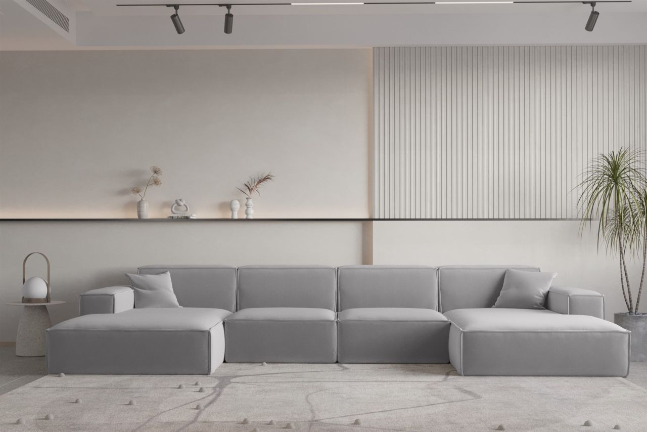OUTLET Wohnlandschaft U-Form CELES PREMIUM in Stoff Opera Velvet Hellgrau