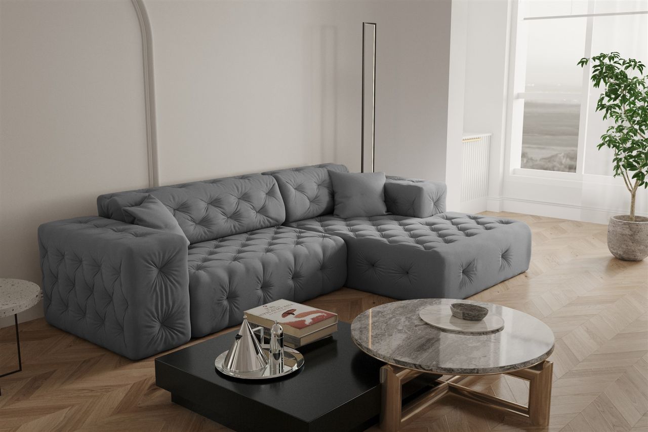 Ecksofa ersofa CHANTAL in Stoff Opera Velvet Grau Ottomane Rechts