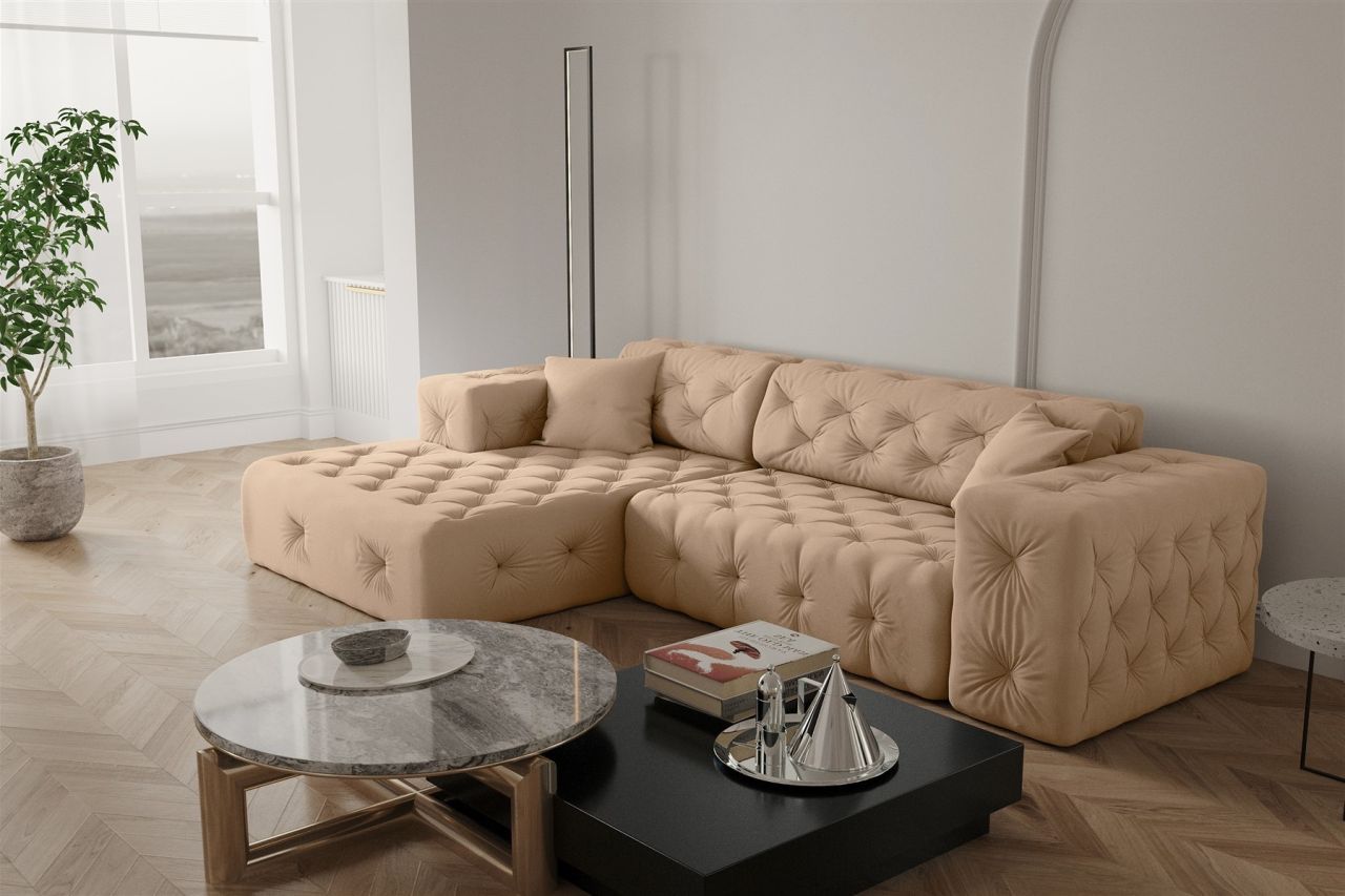 Ecksofa ersofa CHANTAL in Stoff Opera Velvet Beige Ottomane Links