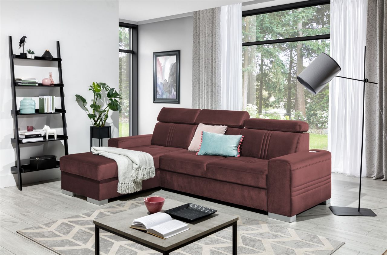 Ecksofa Schlafsofa NOLAN XS inkl. USB in Stoff Monolith Purpurrot Ottomane Links