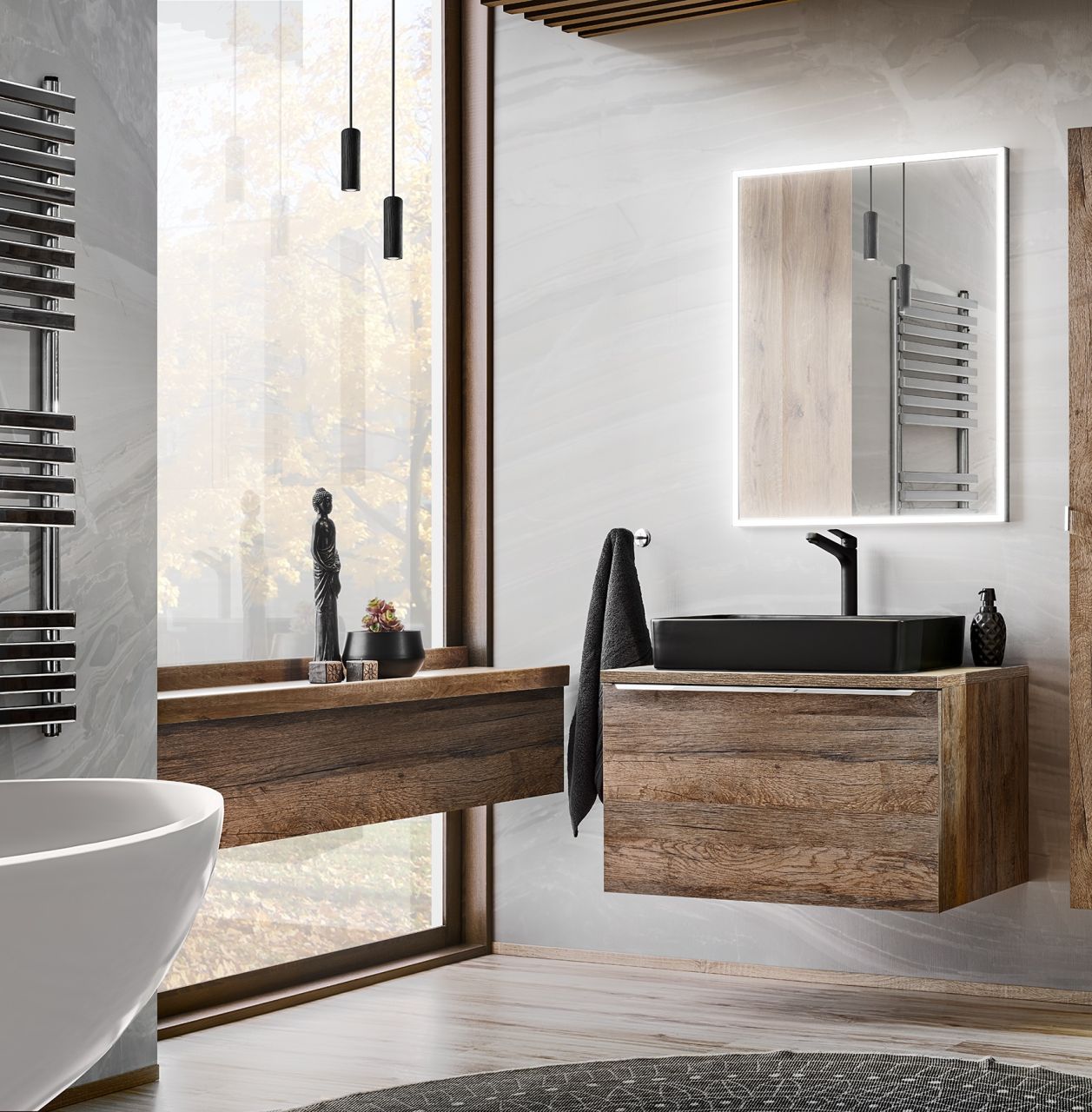 Badmöbel Set 3-tlg Badezimmerset AKAN Vintage Eiche Spiegel inkl. Waschtisch