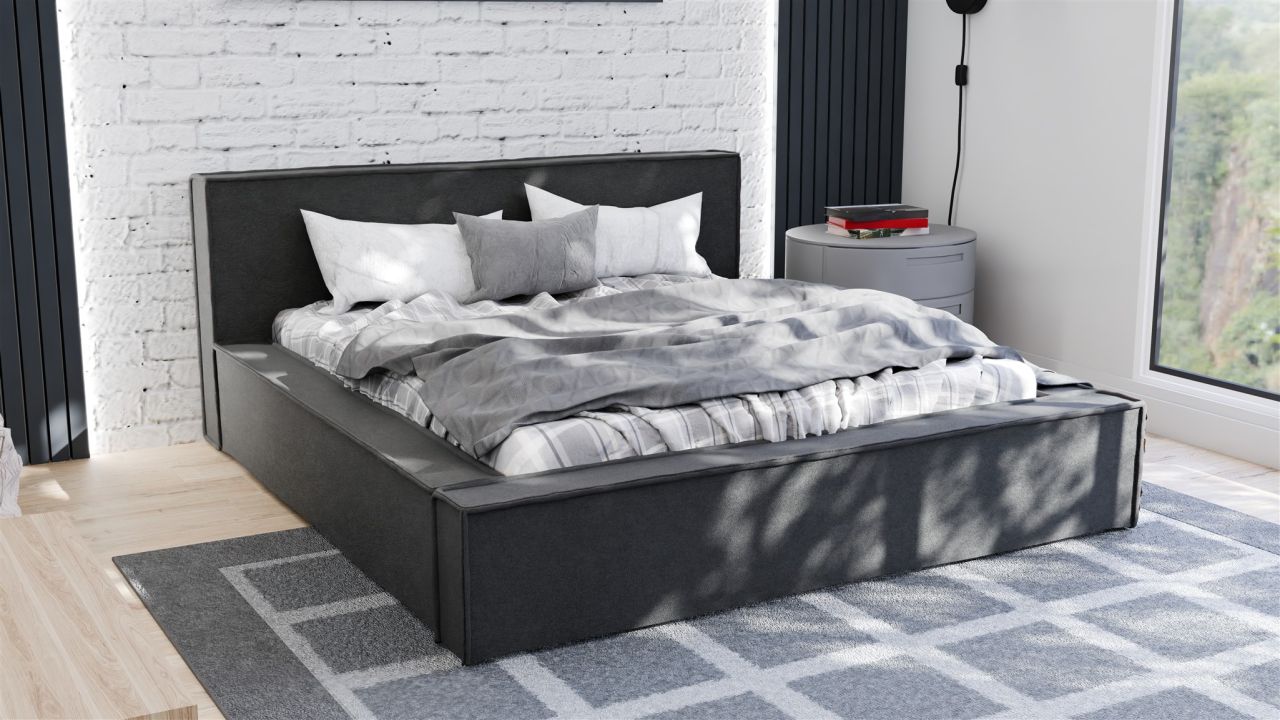 Polsterbett Doppelbett Bett ALDANA 140x200cm in Stoff Freya Schwarz