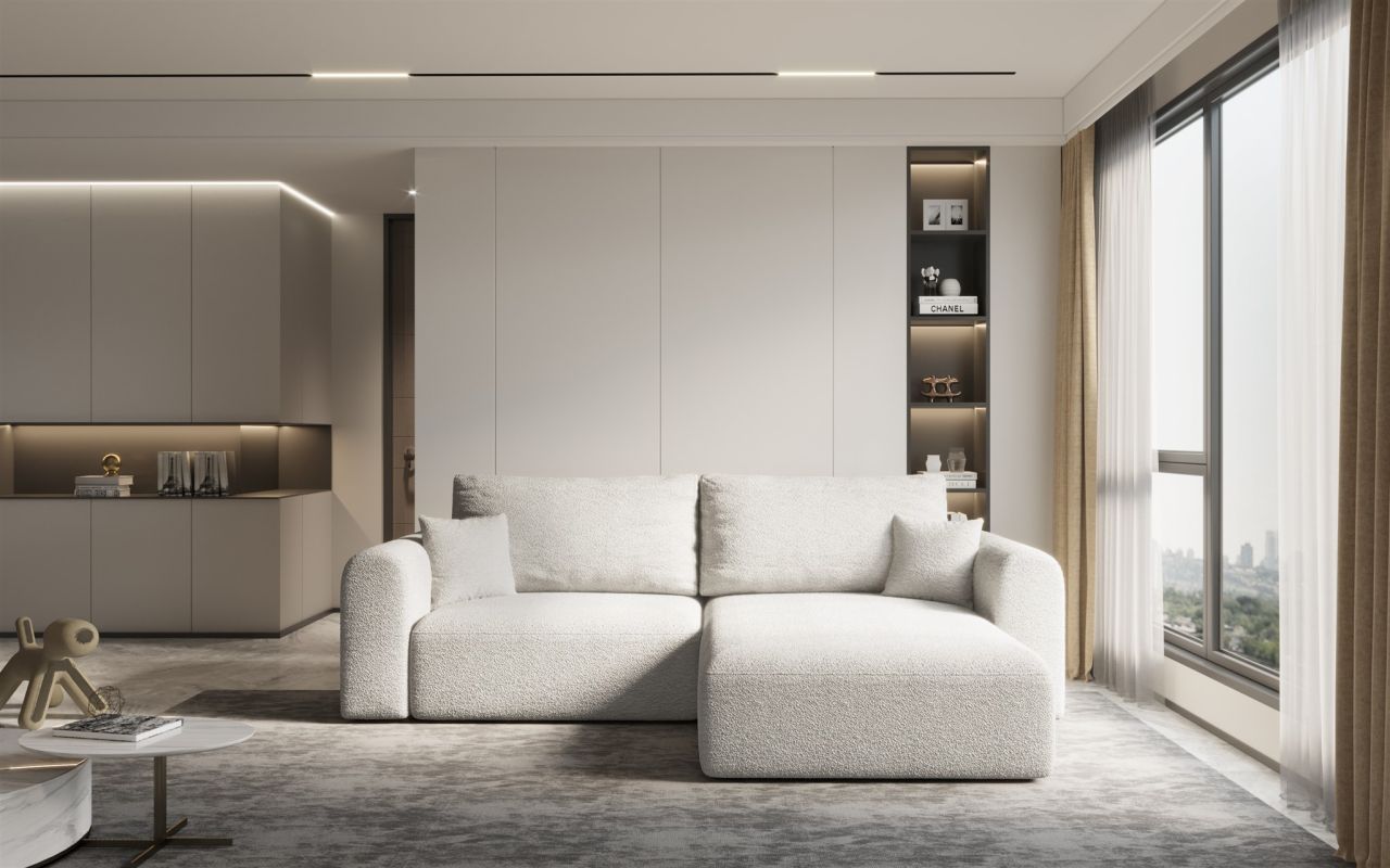 Ecksofa Sofa FLAVIO mit Schlaffunktion Stoff Abriamo Champagne Ottomane Rechts