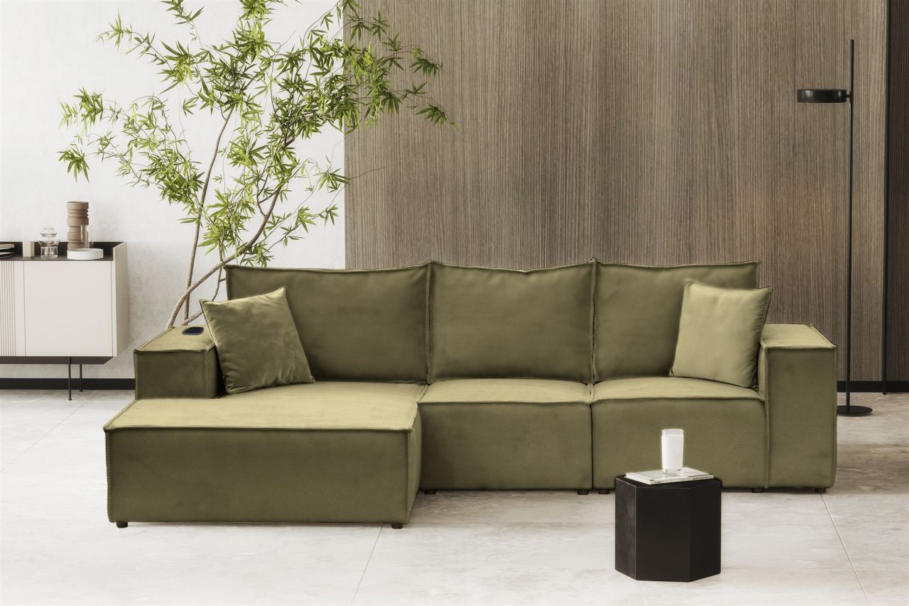 Ecksofa Sofa ALVARO inkl. QI Ladegerät Stoff Opera Velvet Olivgrün Ottomane L...