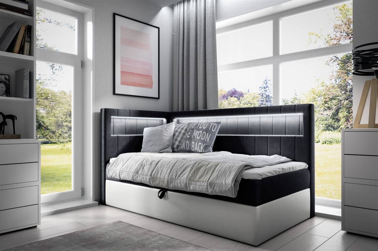 Boxspringbett Gästebett Kinderbett FABIAN Nr.3 90x200cm Weiss-Schwarz Seite L...