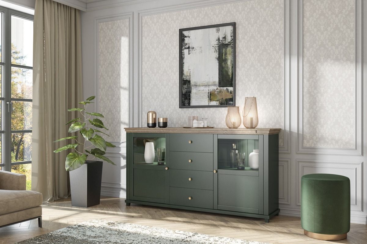 Sideboard HOME Anrichte 181 cm inkl.LED Beleuchtung Grün Eiche Lefkas