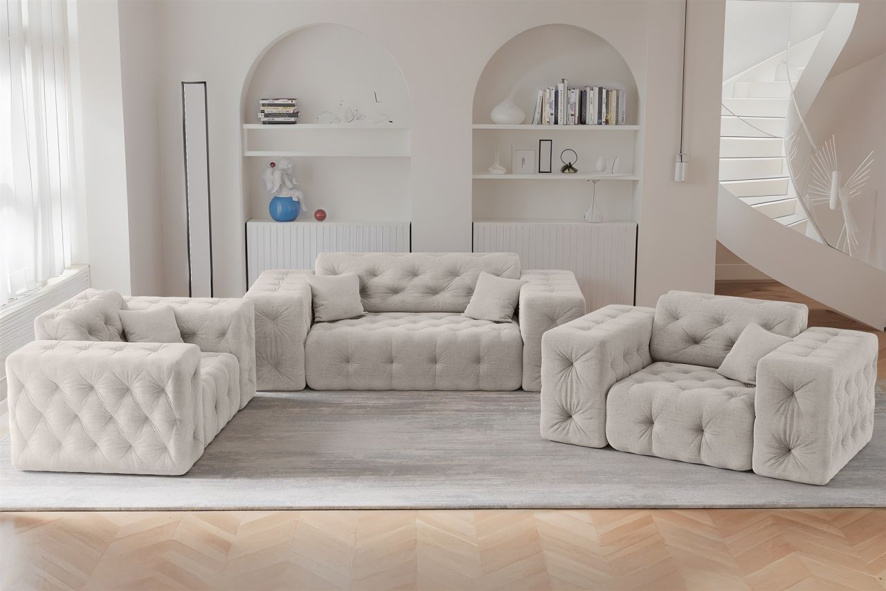 Sofaset ersofa CHANTAL 2-1-1 in Stoff Moly Creme