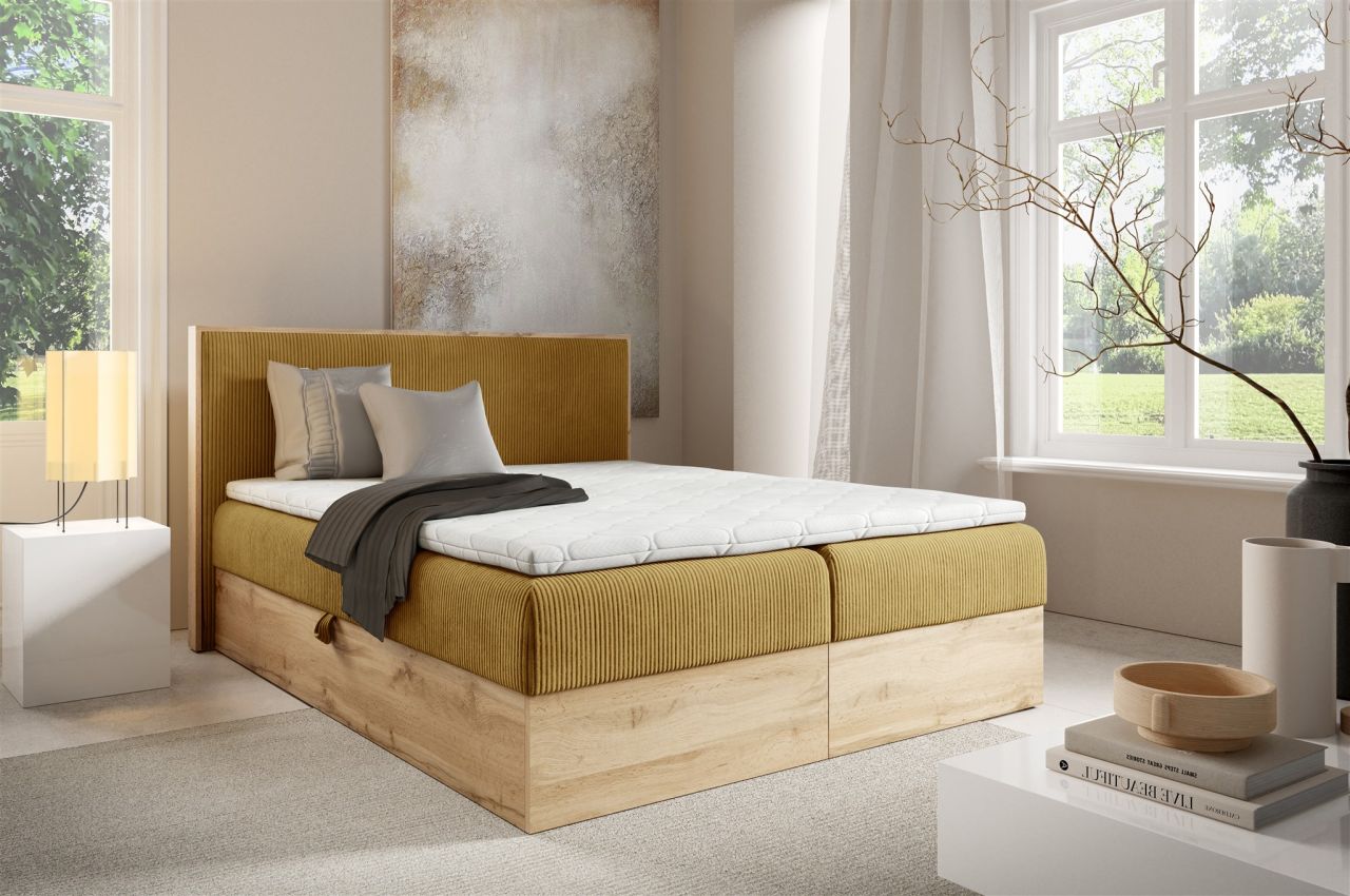 Boxspringbett Schlafzimmerbett ROLAND 200x220cm in Stoff Lincoln Honiggelb