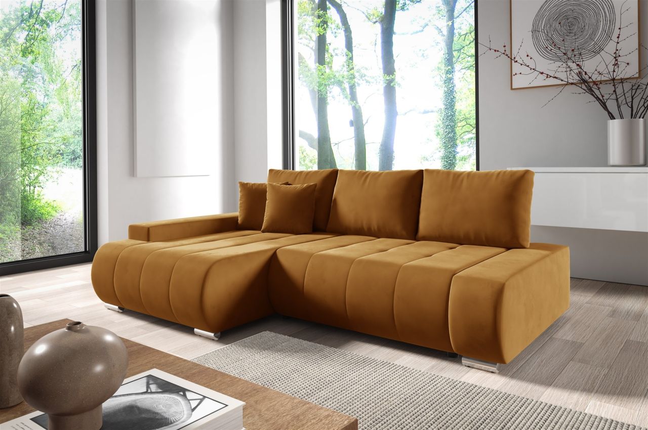 Ecksofa Schlafsofa ELMO Stoff Monolith Honiggelb Ottomane Links