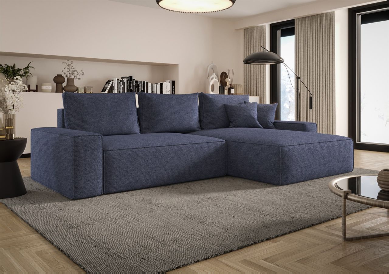 Ecksofa Schlafsofa Sofa WALKEN Stoff Aragon Blau Ottomane Rechts