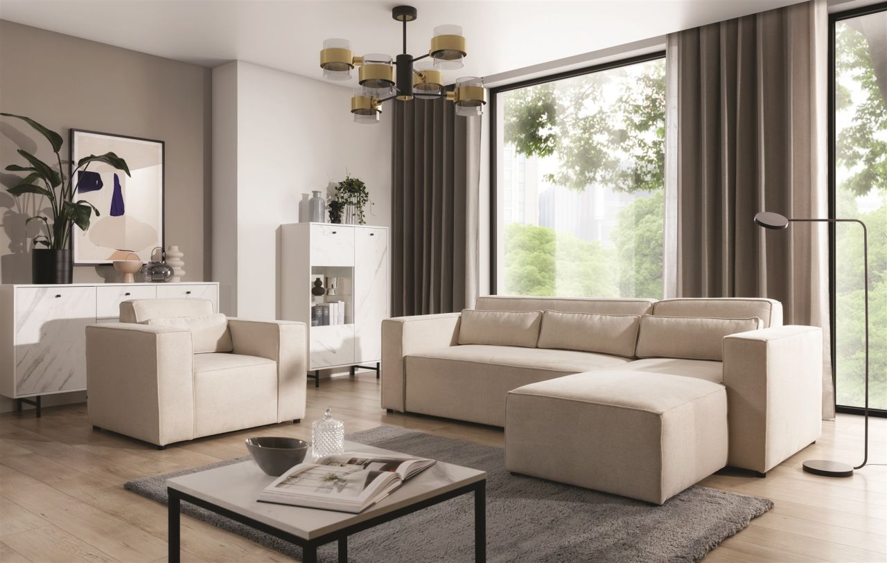 Ecksofa Schlafsofa inkl. Sessel WALDO Stoff Brooklyn Pearl Ottomane Rechts
