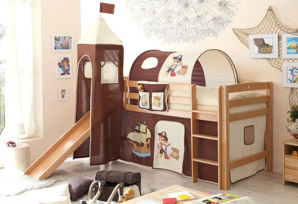 Rutschbett ROBI R XL Buche Natur inkl.Vorhang und Turm Pirat-Braun