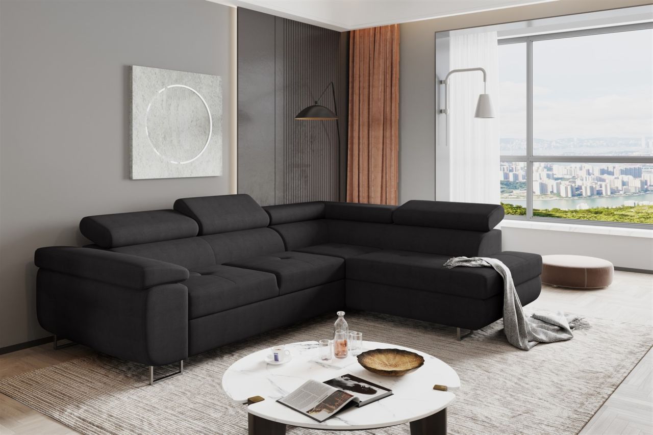 Couchgarnitur JADE Stoff Schwarz mit Schlaffunktion Ottomane Rechts