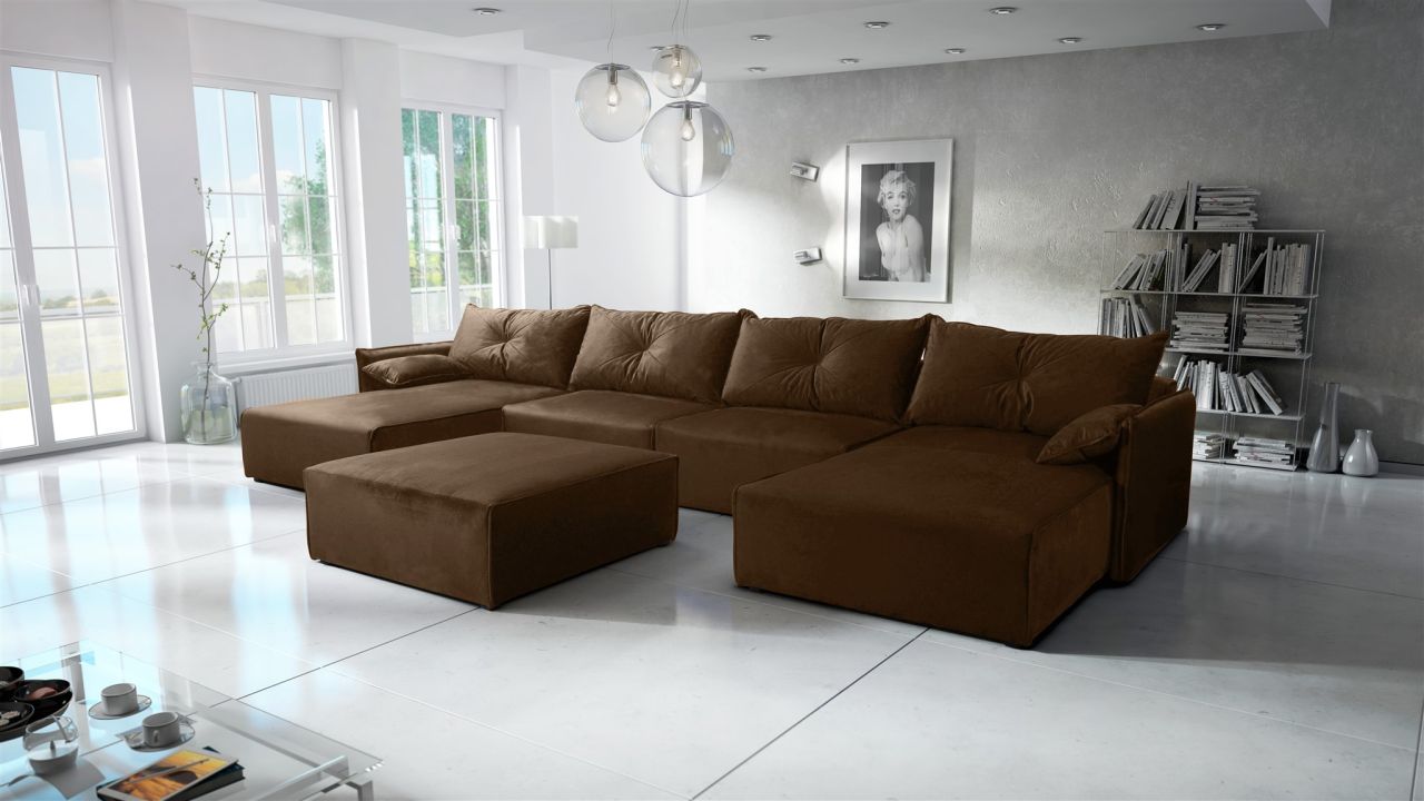 Wohnlandschaft mit Schlaffunktion HUNTER in Stoff Royal Braun Inkl. Hocker