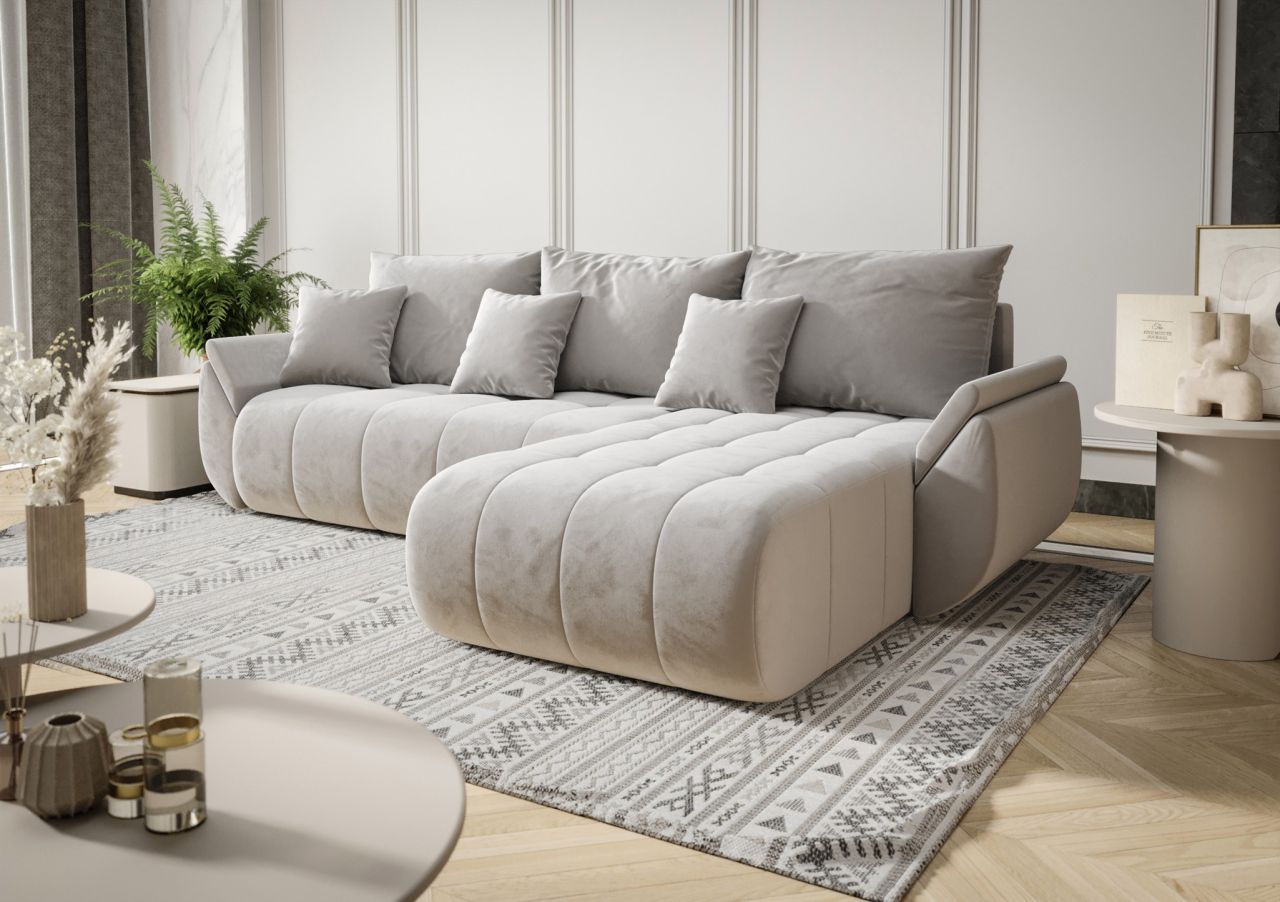 Ecksofa Schlafsofa AKITA Stoff Monolith Hellgrau Ottomane Rechts