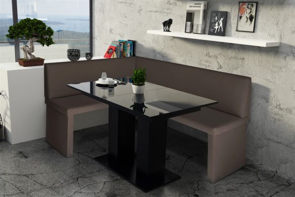 Eckbankgruppe 168x128 cm ROBIN R Braun / Esstisch DANTE Schwarz HGL