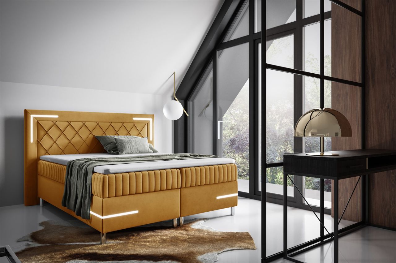 Boxspringbett Schlafzimmerbett 140x200cm AMORE Nr.3 Gelb inkl. LED-Beleuchtung