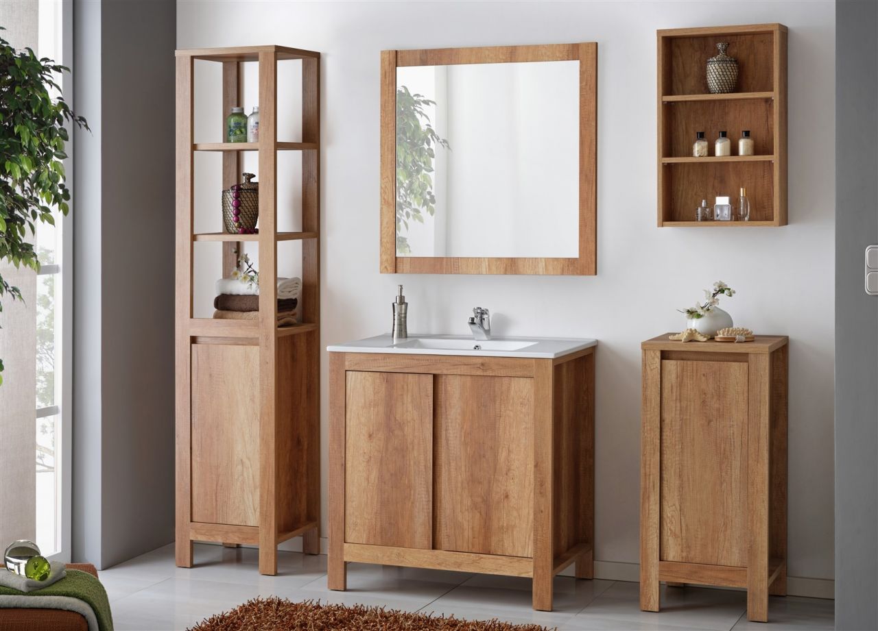 Badmöbel Set 5-tlg Badezimmerset KLASSIK Eiche inkl.Waschtisch 80 cm