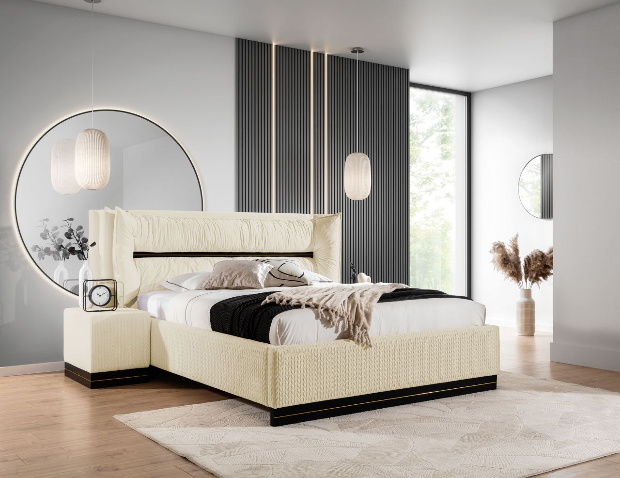 Polsterbett Doppelbett Set.3 HAMILTON 140x200cm Stoff Magic Velvet Creme