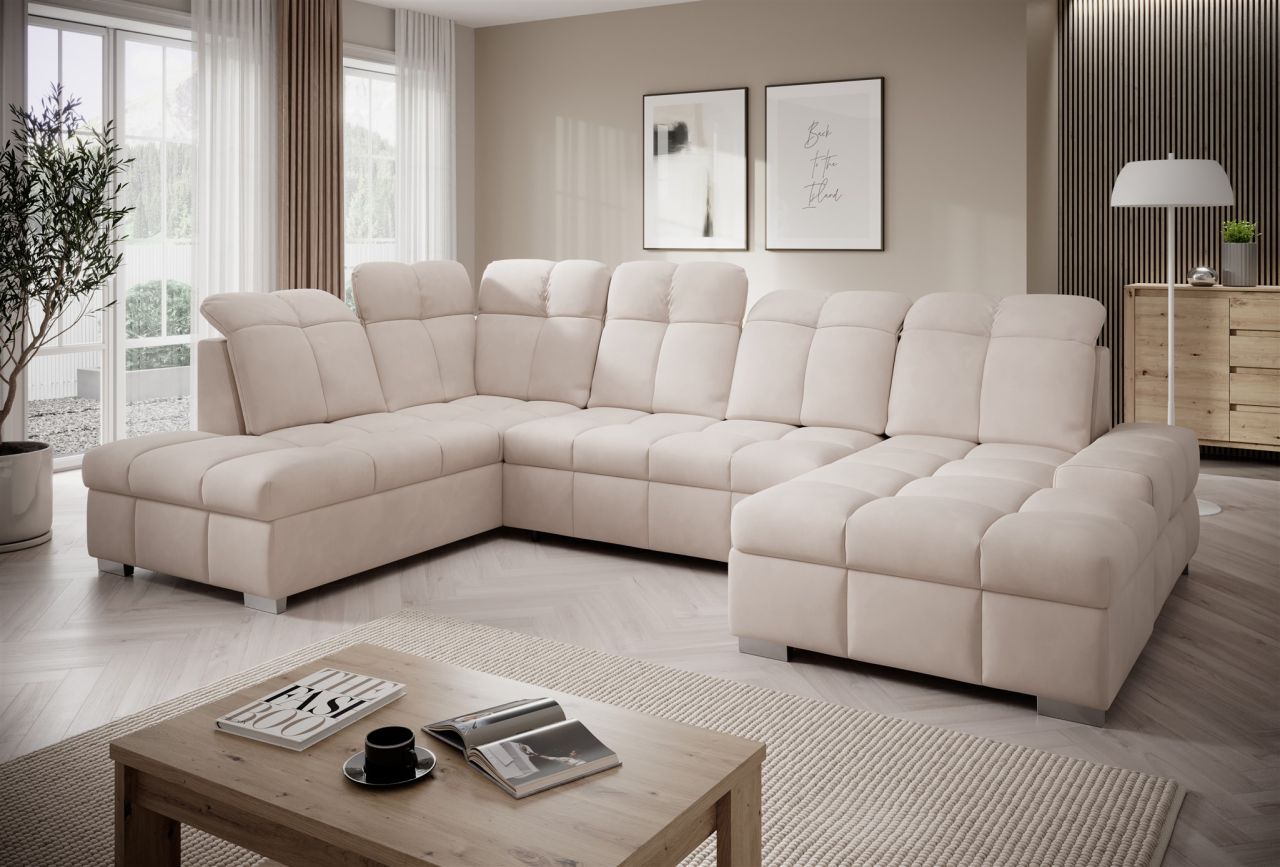 OUTLET Wohnlandschaft U-Form Schlafsofa TEMPE Stoff Element Creme Ottomane Re...