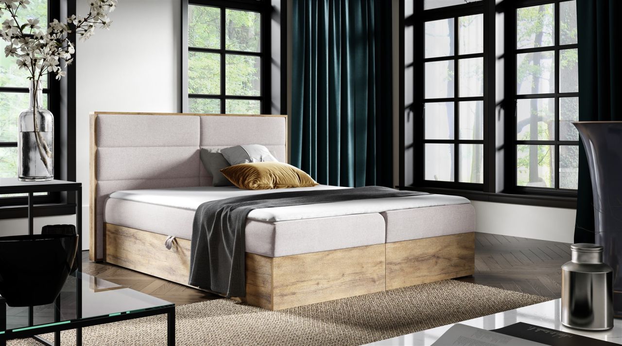 Boxspringbett Bett LAMBROS 120x220cm Lancelot Eiche Stoff Hellbeige inkl. Bet...