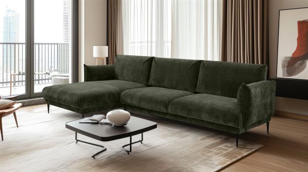 Ecksofa Designersofa MADISON XL in Stoff Dress Me Grün Ottomane Links