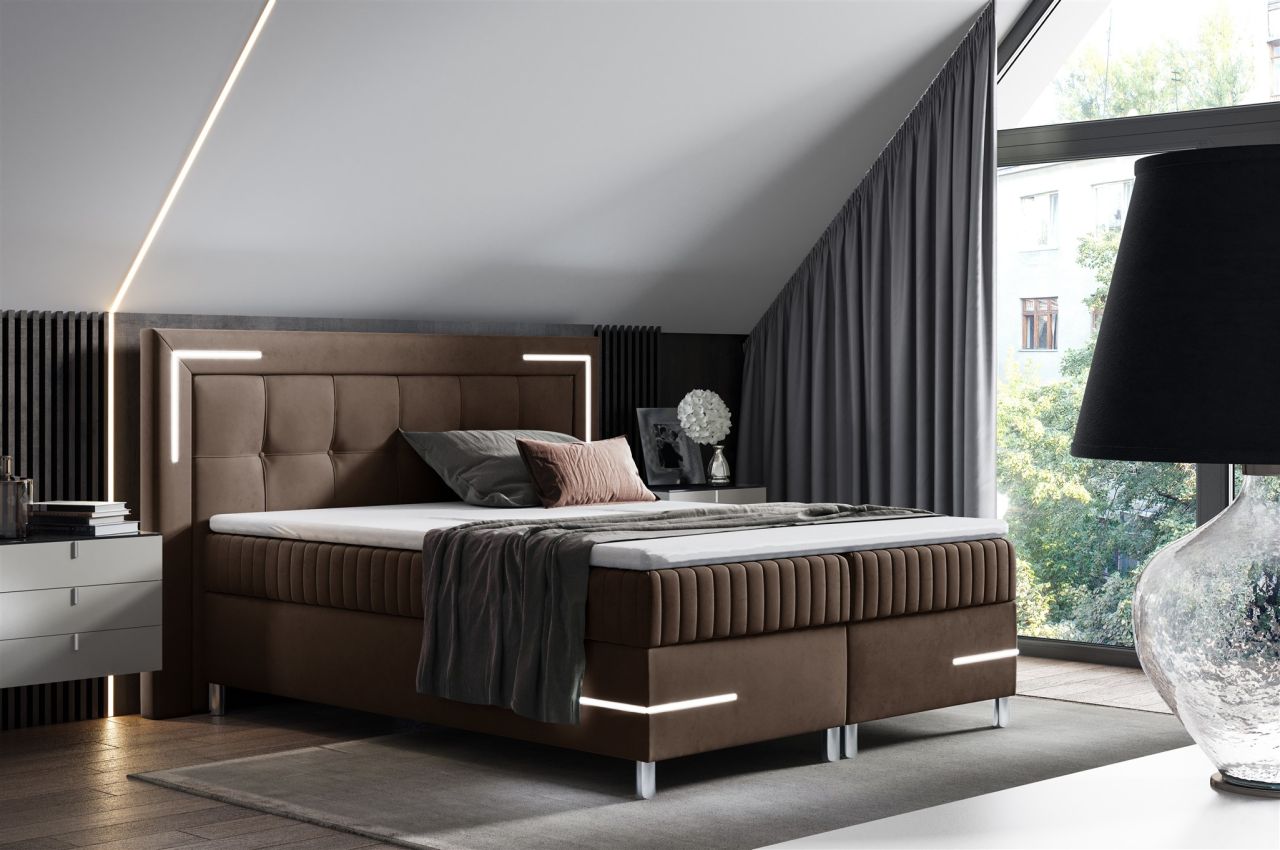Boxspringbett Schlafzimmerbett 120x200cm AMORE Nr.1 Braun inkl. LED-Beleuchtung