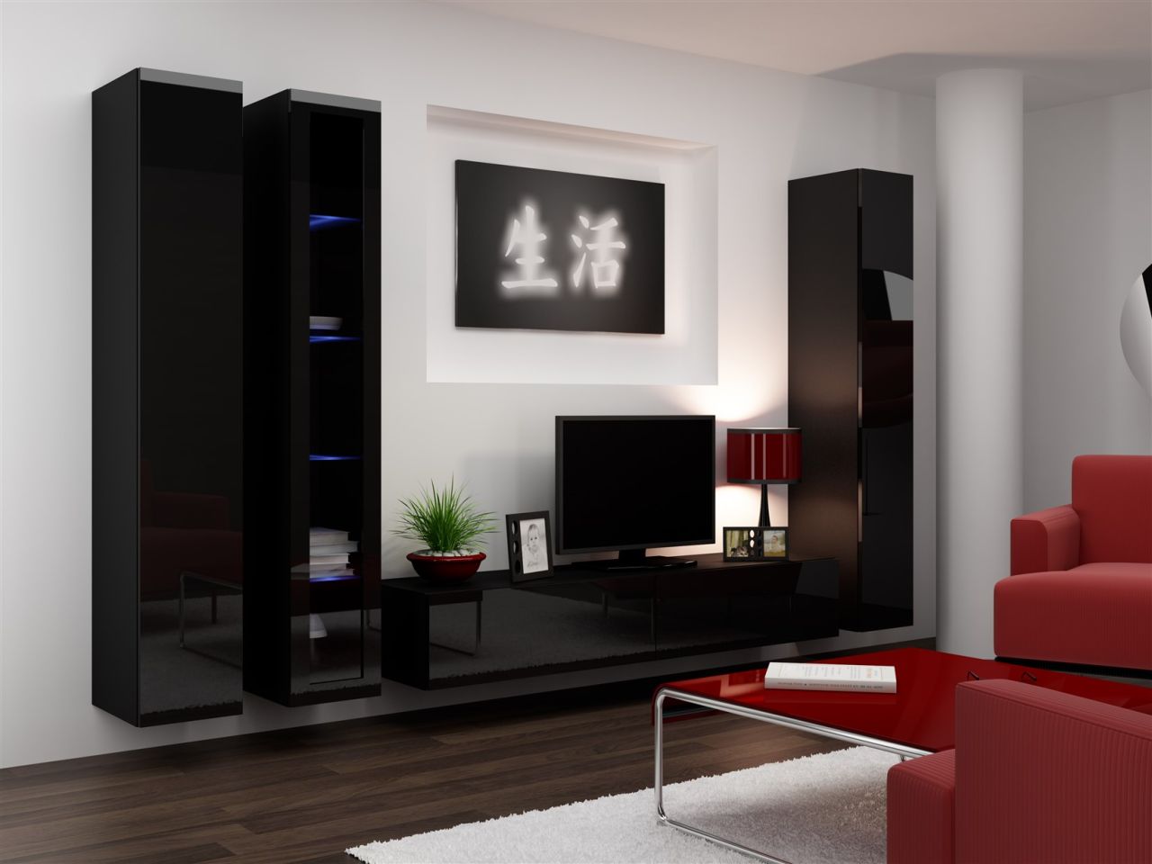 Mediawand Wohnwand 4 tlg - SENTIC 14 - Schwarz Hochglanz inkl.LED