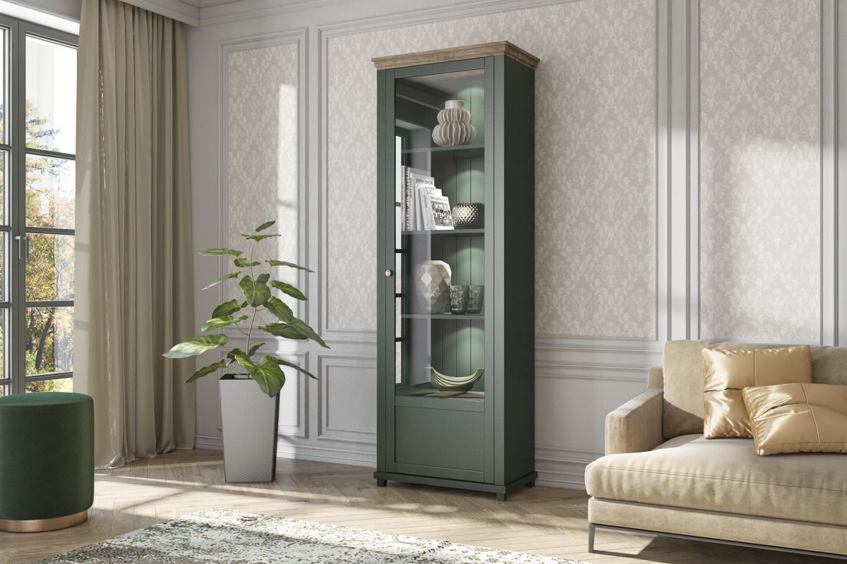 Vitrine HOME 71x200 cm inkl.LED Beleuchtung Grün Eiche Lefkas